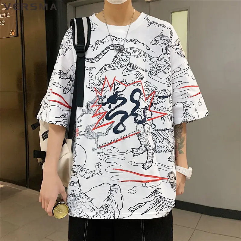 

VERSMA Chinese Style Mythical Animal Vintage Print T-shirt Men Summer High Street Oversized Short Sleeve Tshirt Men Dropshipping
