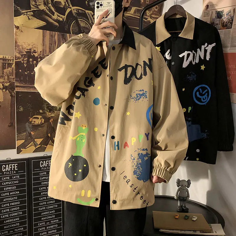 

Spring Autumn Handsome Jacket Men's Cotton Loose All-Match Square Collar Casual Hong Kong Style Printed Jacket Large Size 2020
