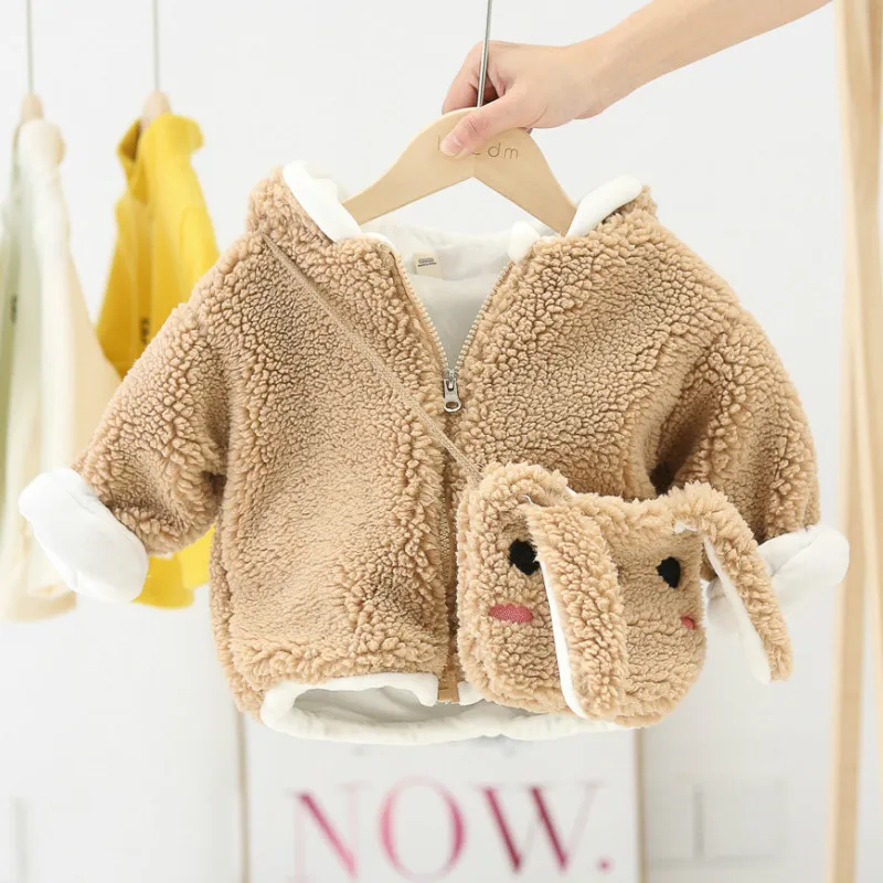 HKXN Toddler Baby Girls Winter Jacket Cartoon Rabbit Ears Faux Fur Hooded Warm Outwear Jacket Pocket Zipper Overcoat