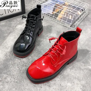 

Good quality Women'S Leather Boots 35-39 Thick Machine Boots Ladies Autumn Fashion Round Head Patent Leather Boots Martin Boots