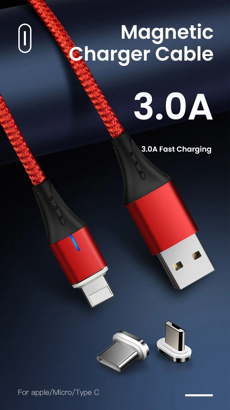 amzish Магнитный Micro USB кабель 3A для iPhone, магнитный кабель usb type-C для быстрой зарядки samsung, шнур для зарядки телефона