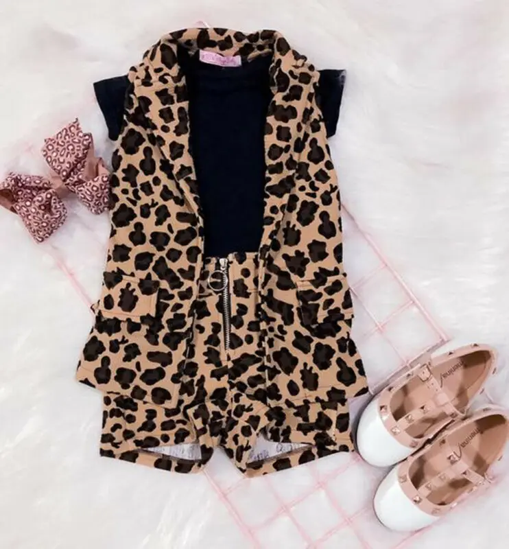 

Toddler Baby Girl Summer Clothes Leopard Jacket Vest Tops Pullover T-Shirt Zipper Short Pants Outfits Suit