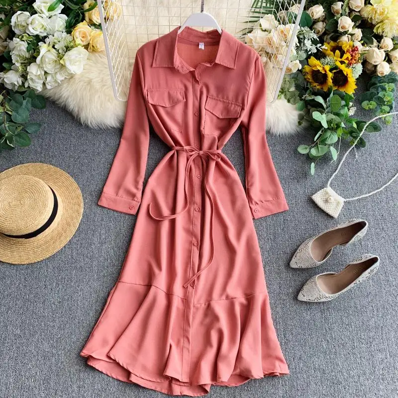 

French Shirt Dress Female 2019 New Waist Maxi Dresses for Women Temperament Ruffled Over The Knee Black Long Sleeve Dress