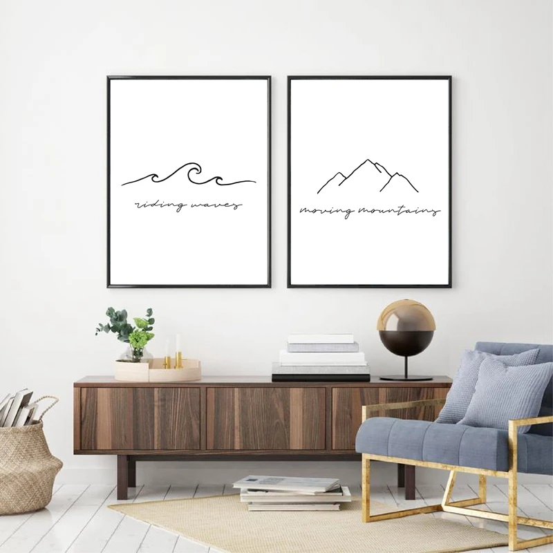 Waves and Mountains Line Canvas Wall Art Print Living Room Decor