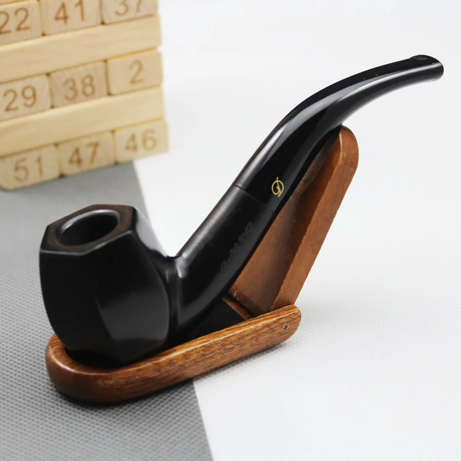 Handmade Ebony Wood Smoking Pipe Round Smoke Tobacco Wooden Pipe Gift 10pc 9mm Filters + Pouch + Holder #437S smoking accessories,tobacco pipe,tobacco smoking accessories,smoking pipe filters,herb smoking pipe,smoking pipe