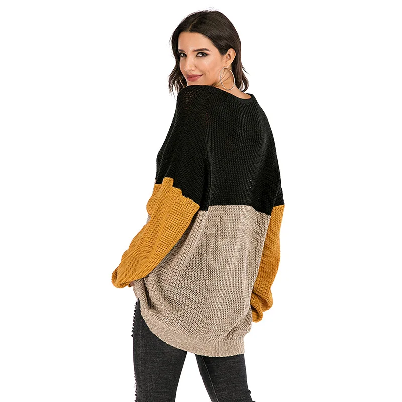 2020 Spring Europe and the United States new knitted sweater slicing color loose long-sleeved top sweater woman  sueter mujer