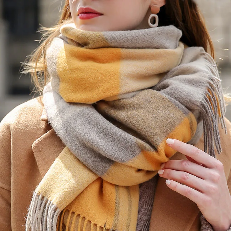 Women Wool Scarf Winter Warm Shawls Cashmere Stoles Wraps Elegant Plaid  Scarves