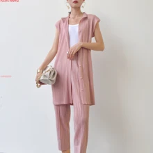 

Miyake Pleated Women's Fashion Small Jacket Single Breasted Large Size Slim and Straight Pantsuit Two Piece Set Trousers Set