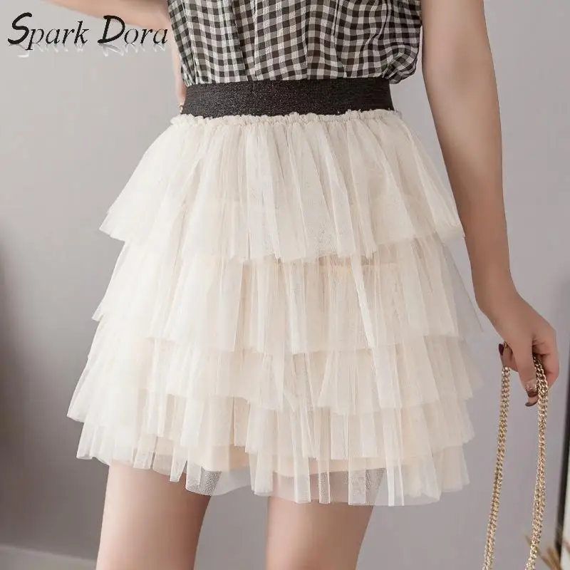 SparkDora Spring 2020 New Style Early Spring Retro Hong Kong Style High Waist Short Poncho Skirt Bottomed Half Body Mesh Skirt