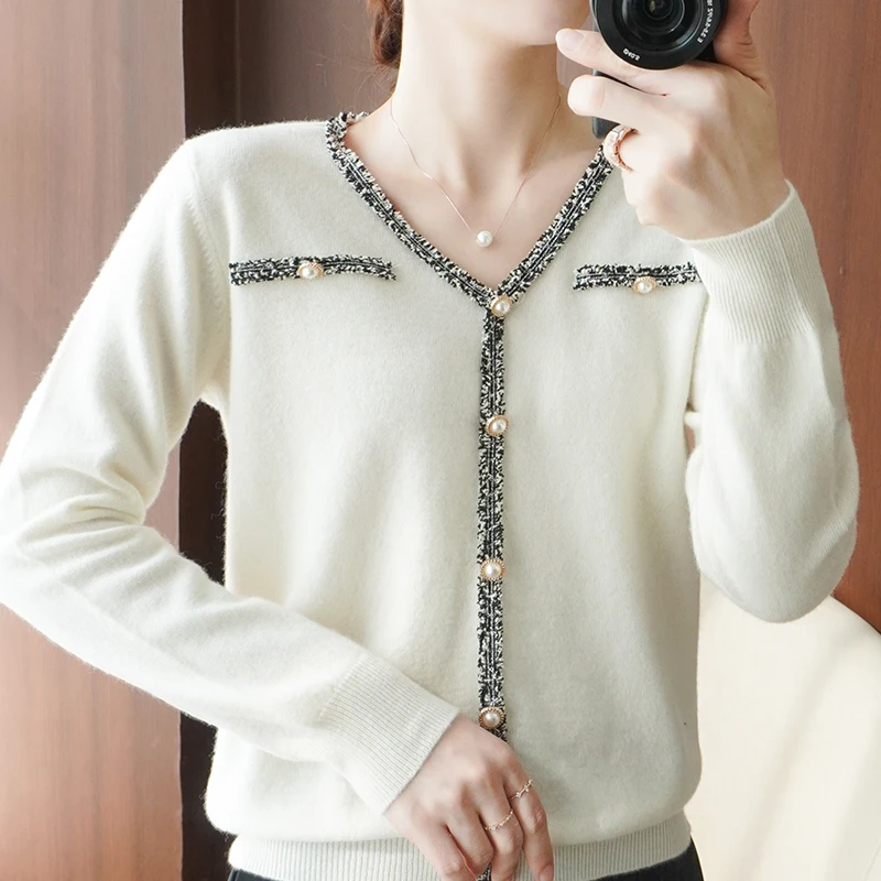 

100% Pure Cotton Sweater Coat New Women's Lace Trimmings Knitted Cardigan V-neck Short Outer Wear Spring And Autumn Style