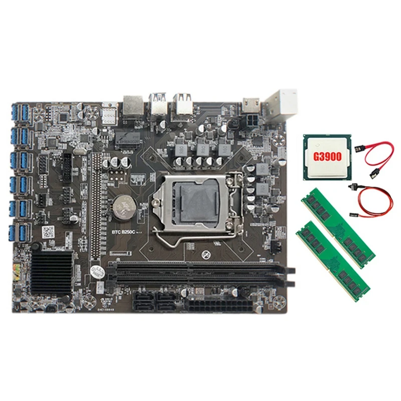 B250C Mining Motherboard with G3900 CPU+2XDDR4 4G 2666Mhz RAM+SATA Cable+Switch Cable 12XPCIE to USB3.0 Card Slot Board | Компьютеры и