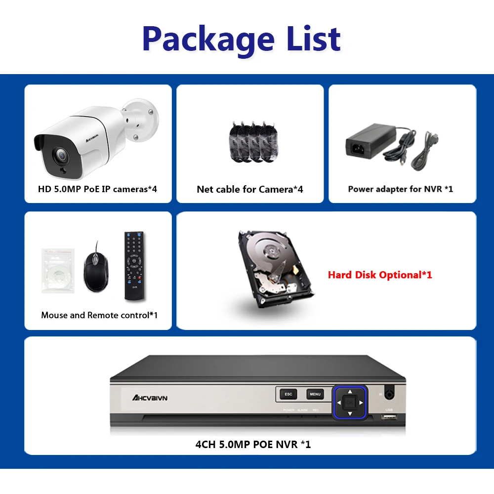 Plug and play CCTV 4CH 5.0MP комплект видеонаблюдения 2 ТБ HDD аудио видео NVR рекордер 4 шт. супер HD 5MP Пуля уличные камеры