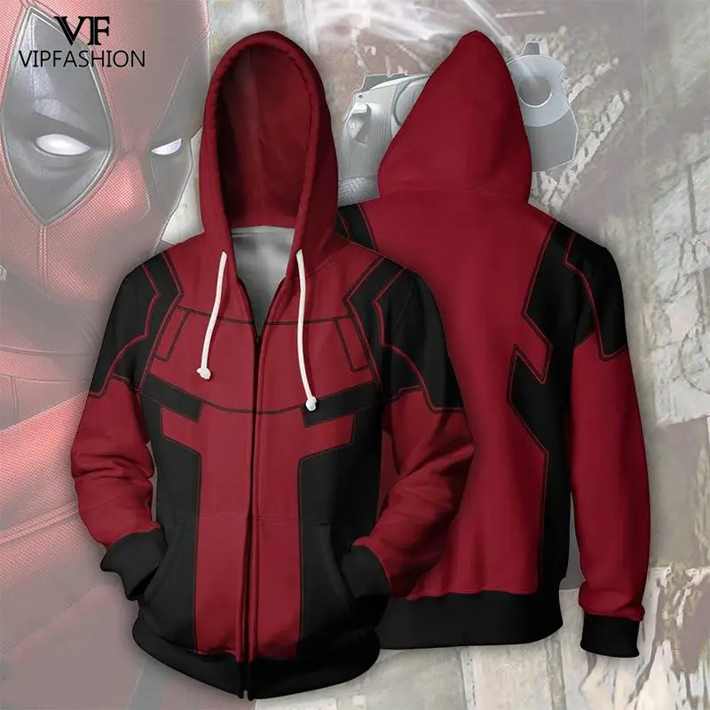 

VIP FASHION New Deadpool 3d Printed Hoodies Zipper Outerwear The Superheroes Deadpool Cosplay Zip Up Hoodies