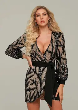 

Elegant Shining Sexy Dress Fashion Long SLeeve Shining Night CLub V-Neck Celebrity Party Dress Mini