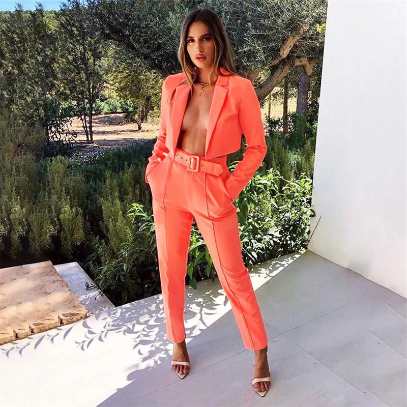 

High Quality Solid Woman 2 Piece Blazers Sets Long Sleeve Short Blazers Long Pants with Sashes Female Fashion 2019 Autumn New