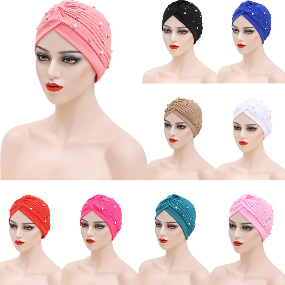 

New Muslim Women Hijab Turban Beads Underscarf Bone Bonnet Pleated Chemo Cap Indian Hair Loss Cover Beanie Head Wrap Headwear