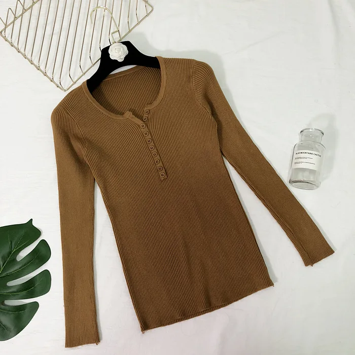 caramel colour Neploe, осень, женский свитер на пуговицах с v-образным вырезом, базовый тонкий вязаный пуловер, женские свитера, Высокоэластичный вязаный джемпер, женский свитер - Цвет: caramel colour