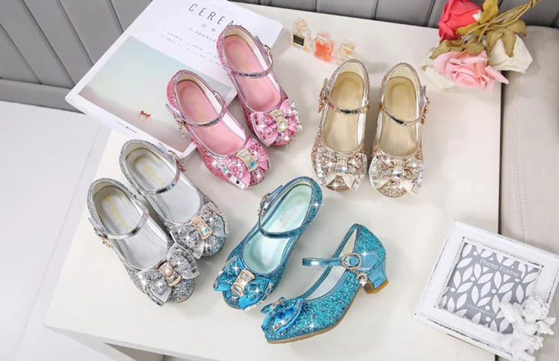 leather girl in boots Princess Kids Leather Shoes for Girls Flower Casual Glitter Children High Heel Girls Shoes Butterfly Knot Blue Pink Silver extra wide children's shoes