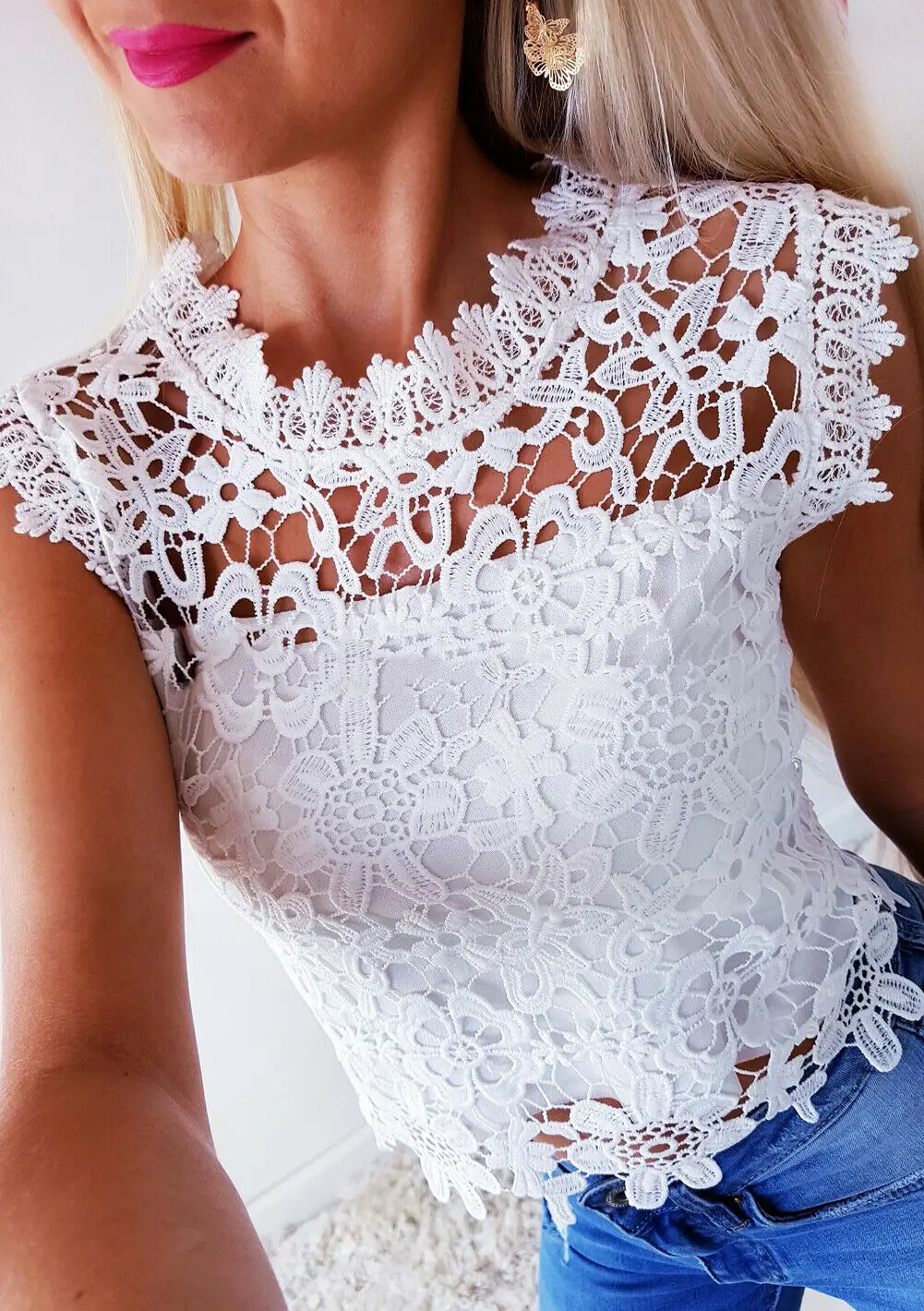 Женские цветочные кружева крючком сшивание летние пикантные майки жилет современная леди фестонный край кружева вставки без рукавов Полые камзол