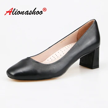 

Women Genuine Leather Comfortable Office Shoes Square Toe Ladies Concise Mid Heel Mary Janes Shoes Shallow Chaussures femme