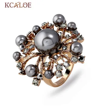 

KCALOE With Gray Simulated Pearl Ring Crystal Rhinestone Fine Titanium Gold Big Flowers Rings For Women Dropshipping Anel