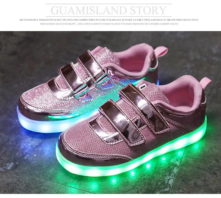 Модная яркая однотонная детская обувь с USB Led-светильник дышащие детские светящиеся кроссовки на липучке для девочек и мальчиков 25-37