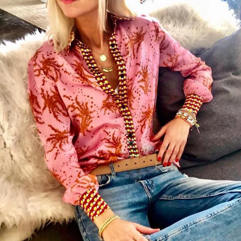 Pink Lipswag 5XL, осенняя Сексуальная Блузка в стиле бохо с круглым вырезом и модным цветочным принтом, женская Свободная рубашка с длинным рукавом, топы на пуговицах, блузки Femme - Цвет: Pink