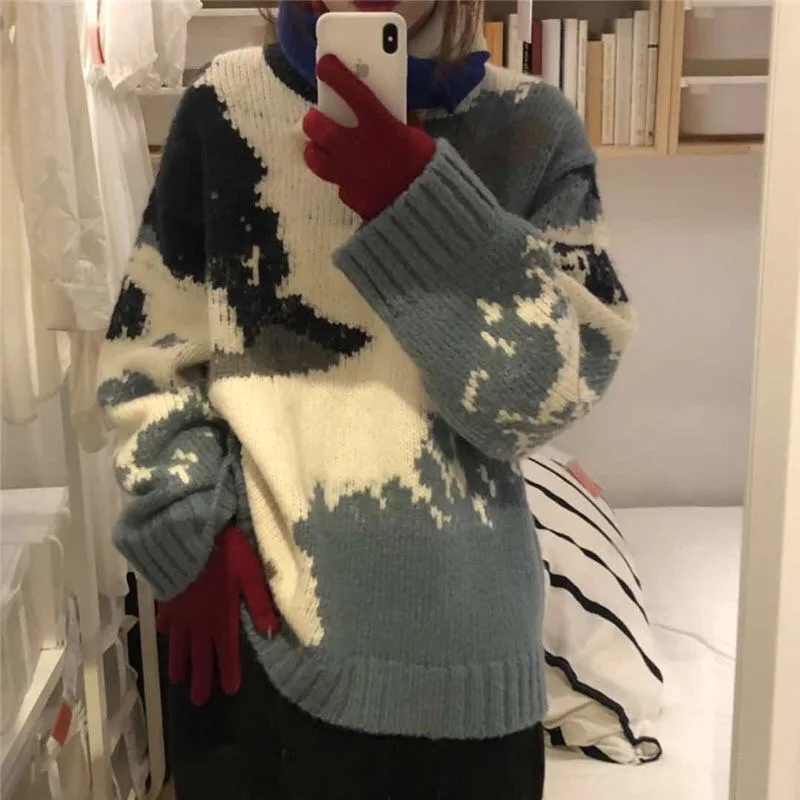 Woherb контрастная цветная печать свитер женский пуловер осень зима корейский Толстый длинный рукав вязаный джемпер с круглым вырезом теплые свитера