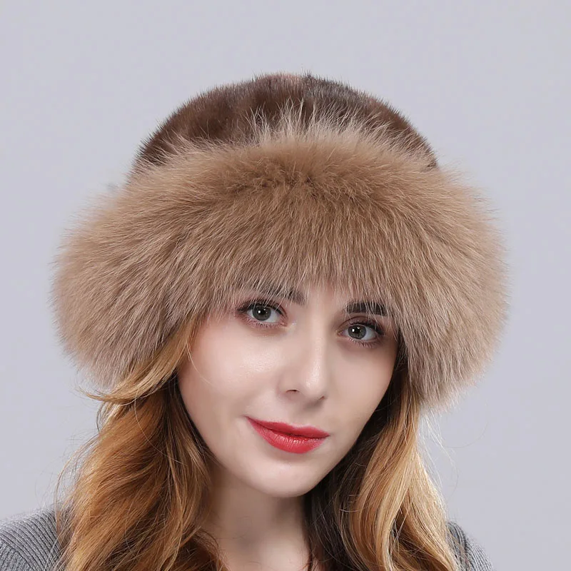 Новое поступление, Брендовая женская шапка из натурального меха норки, бренд fox fur Trim, брендовая шапка из натурального меха, зима-осень, высокое качество, шапки из натурального меха лисы - Цвет: KHAKI