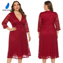DEERVEADO Sexy Deep V Neck Lace Evening Dress Plus Size Tea Length Formal Dress Short Evening Party Dresses SQ0131