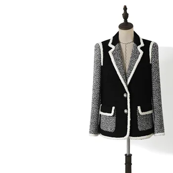 

white black color block patchwork women tweed blazer coats single breasted weave jackets OL elegant coat 2020 autumn winter y521