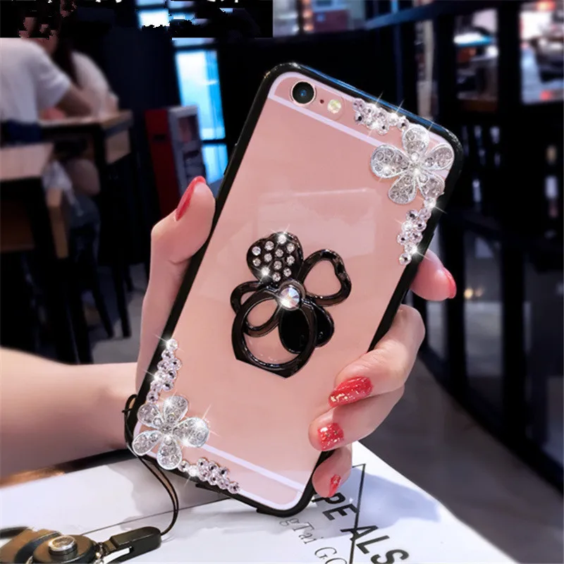 Модный блестящий чехол для телефона со стразами и кольцом держателем iphone 5S X 6 6S 7 8