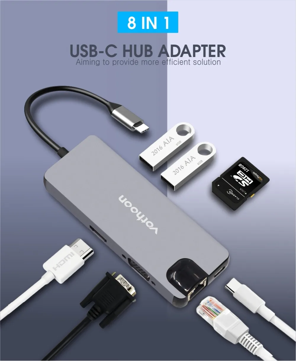 Votoon usb type C концентратор к USB 3,0 HDMI USB концентратор для MacBook Pro Air Card Reader VGA RJ45 Ethernet usb сплиттер 8 портов type C концентратор