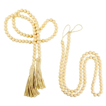 

2 Pieces Wooden Beads Garland with Tassels Rustic Wood Bead Garlands Farmhouse Wall Hanging Garlands