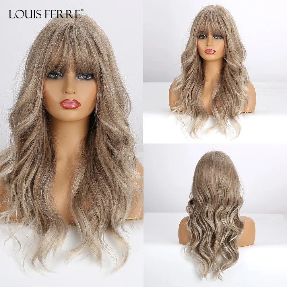 LOUIS FERRE destacar marrón rubio ceniza gris pelucas resistente al calor Cosplay sintético ondulado pelucas con flequillo negro las mujeres Afro