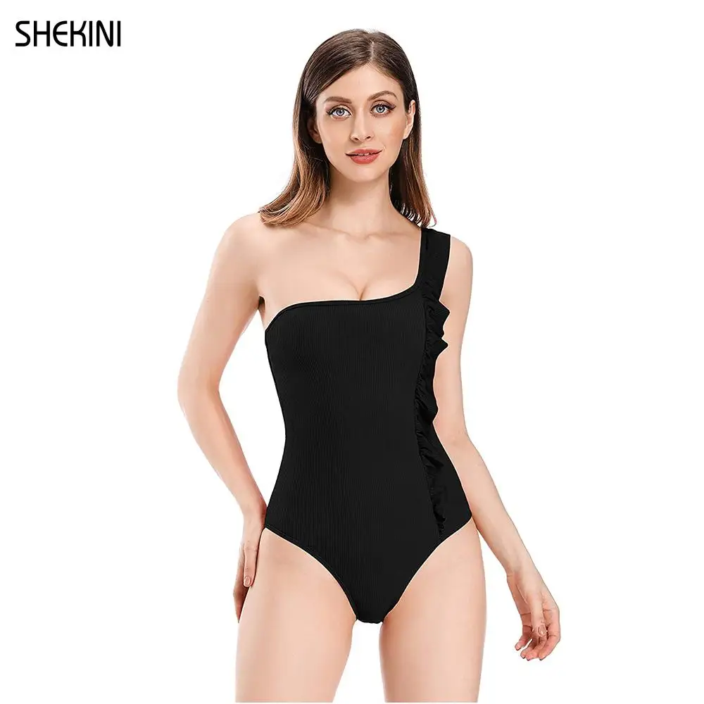 

SHEKINI Women's Hipster Ruffles One Shoulder Sexy Bikini One Piece Swimsuits Solid Bathing Suits 2021 Summer Beach Swimwear
