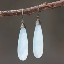 

Ethnic Drop-shaped Blue and White Stone Drop Earrings for Women Vintage Jewelry Hand Carved Spiral Metal Earring