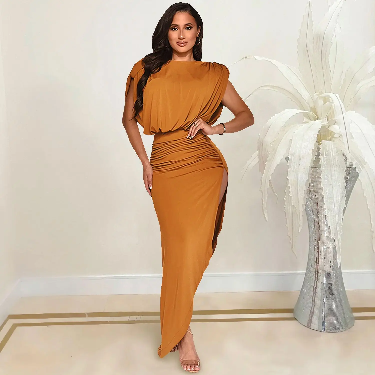 

Sexy Backless Sleeveless Wrap Dress Women O Neck Ruched Split Elegant Maxi Dresses 2021 Fall UK Evening Party Prom Clothes