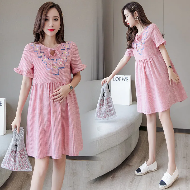 

Maternity Clothes Summer Wear Dress 2019 New Style Stripes Loose-Fit Dress-Style Embroidered Stripes Pregnant Women Mid-length