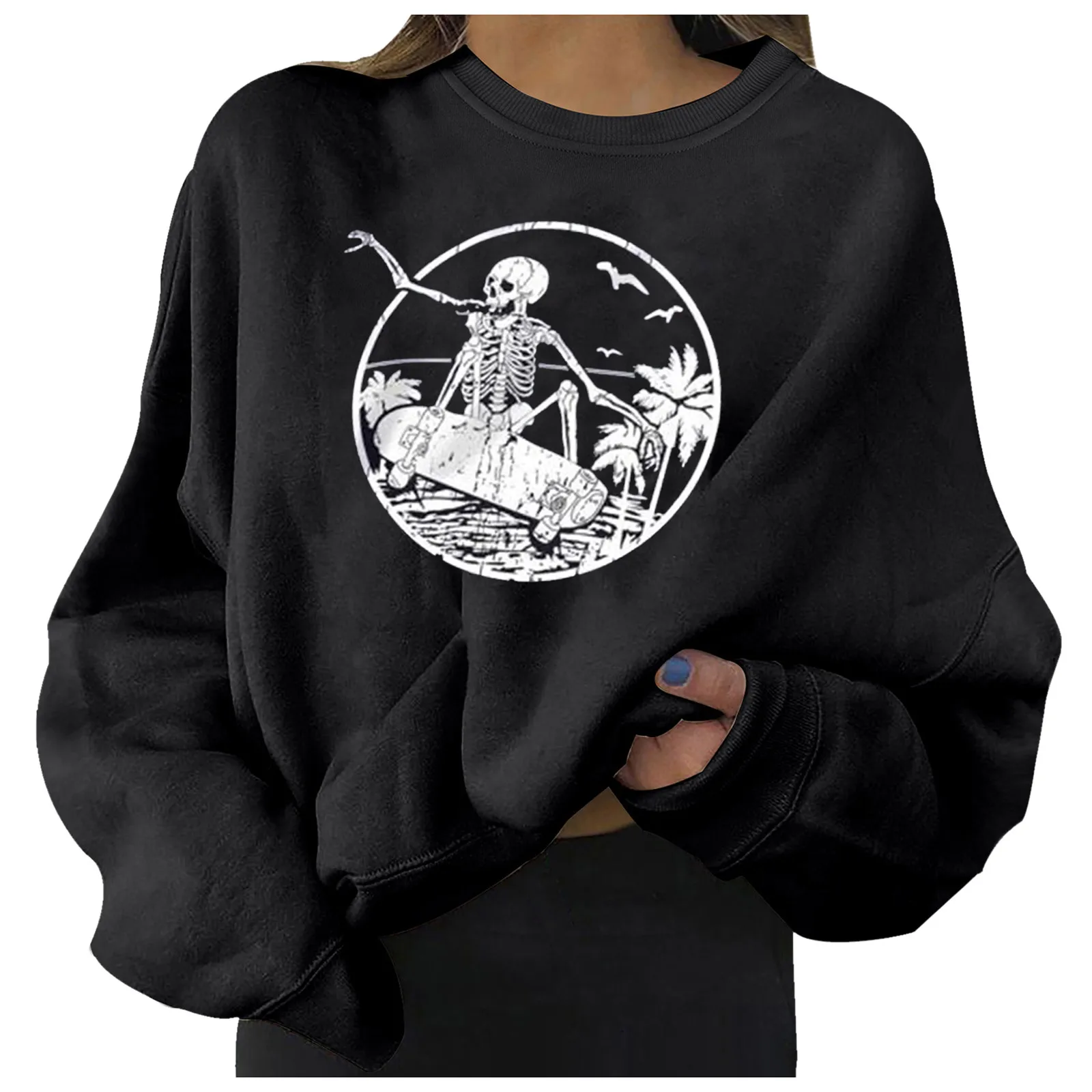 Harajuku Skeleton Printed Hoodies Oversized Long-sleeved O-neck Pullovers Top Y2k Autumn Winter Warm Sweatshirts Sudadera 2