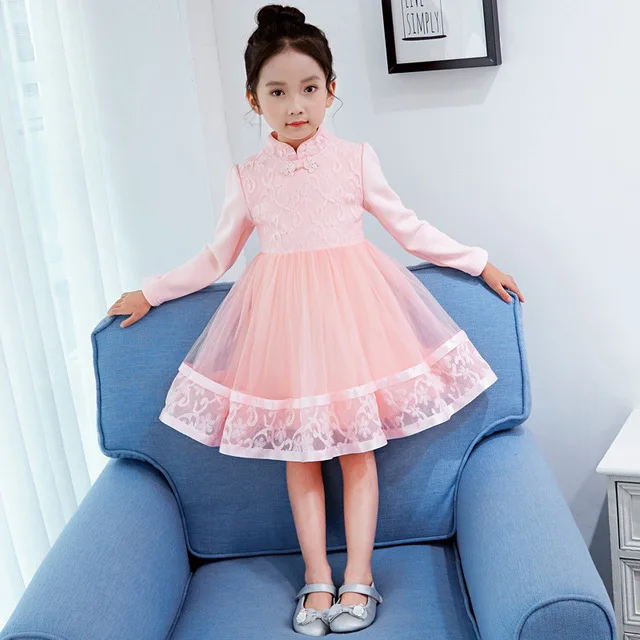 Новогодние рождественские платья для девочек от 3 до 12 лет, кружевное платье-пачка принцессы в китайском стиле, костюм детская одежда платье на День Благодарения