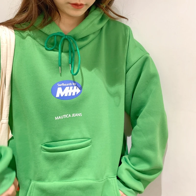Ulzzang свободные Bf карман печати с капюшоном негабаритных теплый Harajuku Kawaii Винтаж Толстовка толстые карманные Пуловеры Женская одежда