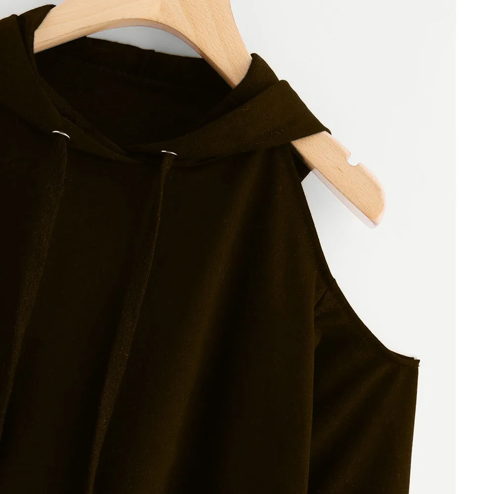 JAYCOSIN Fashion Women Casual Simple Loose Off Shoulder Hooded Sweatshirt Long Sleeve Comfortable Soft Pure Color Blouse
