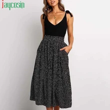 Черная Женская юбка, дышащая, высокая талия, Ретро стиль, узор в горошек, Женская юбка, летняя, свободная, повседневная, размера плюс, Пляжная, вечерние, юбка