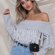 Вязаные женские свитера в европейском и американском стиле, с одной горловиной и кисточками, сексуальная уличная одежда