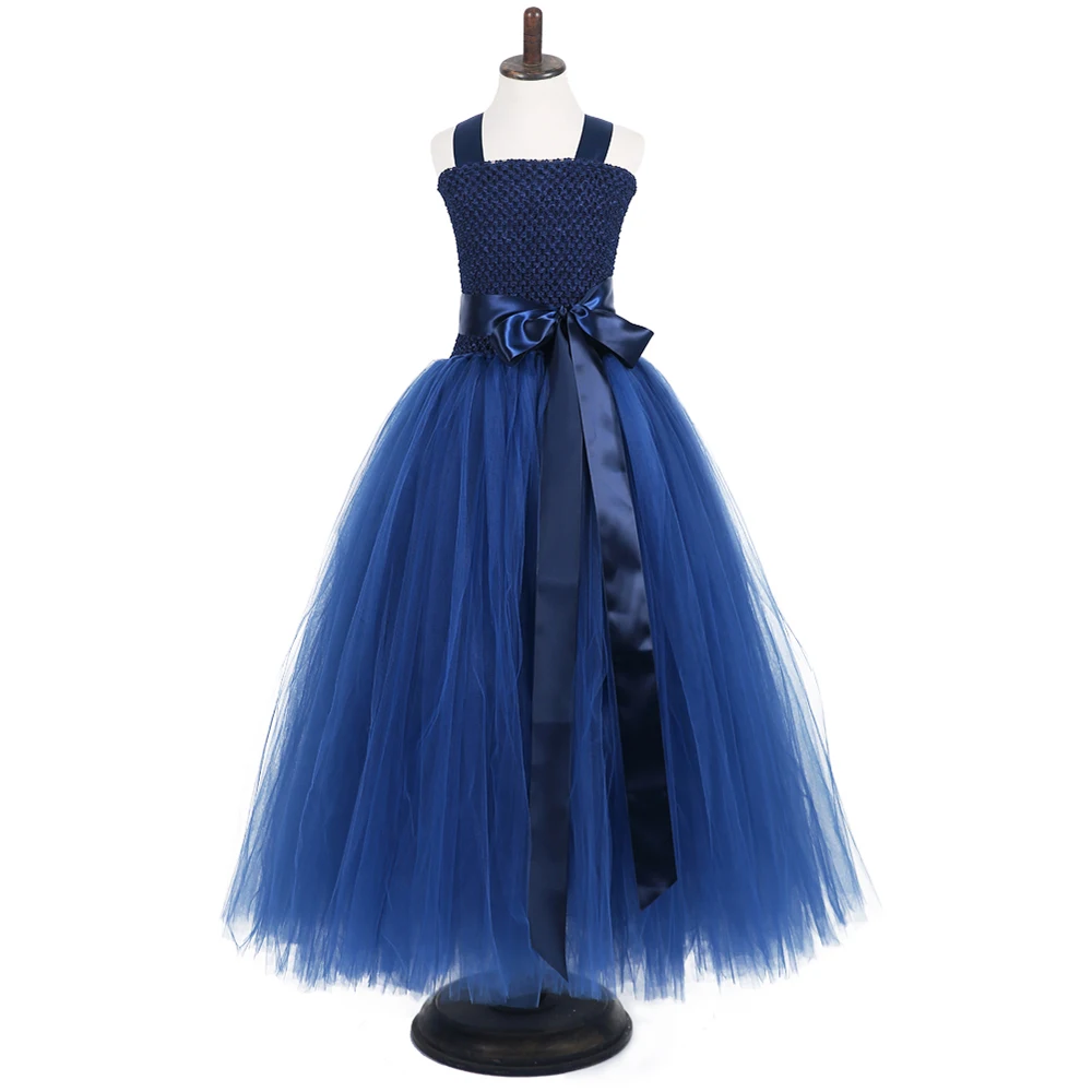 Navy Blue Solid Kids Summer Dress Ankle Length Girl Costume Princess Ball Gown Fancy Girls Pageant Dresses with Ribbon Bow Belt | Детская