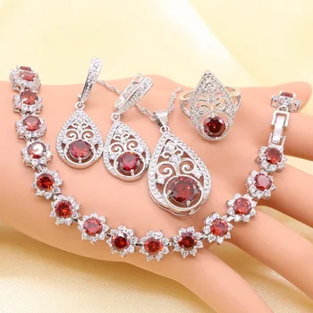 

Fashion Silver Jewelry Sets For Women Red Created Garnet Smooth Necklace Rings Earrings Bracelet