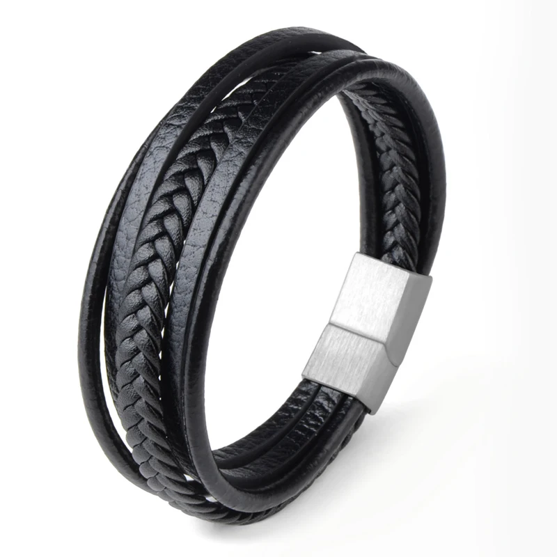Braided Genuine Leather Men Bangle Stainless Steel Magnetic Buckle wristband Bracelet for Men Male Jewelry