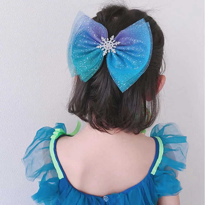 

Kids Christmas Hair Bows Blue Starry Mesh Hair Clips Snowflake Bows Girls Cosplay Headwear Princess Party Dance Hair Accessories