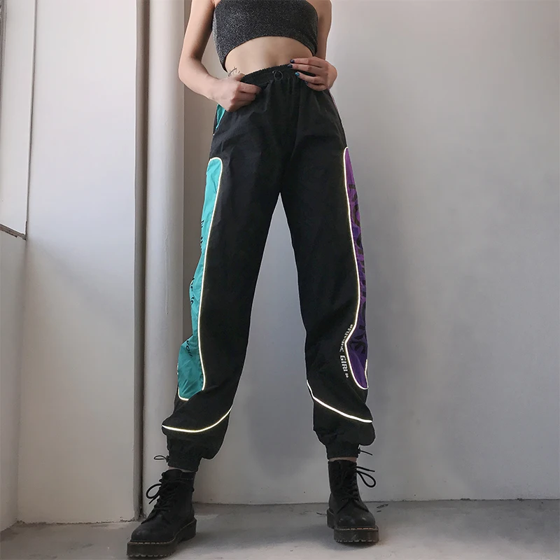 HEYounGIRL Patchwork Reflective Joggers Women Punk Harajuku High Waist Pants Caprs Hip Hop Printed Casual Sweatpants Streetwear